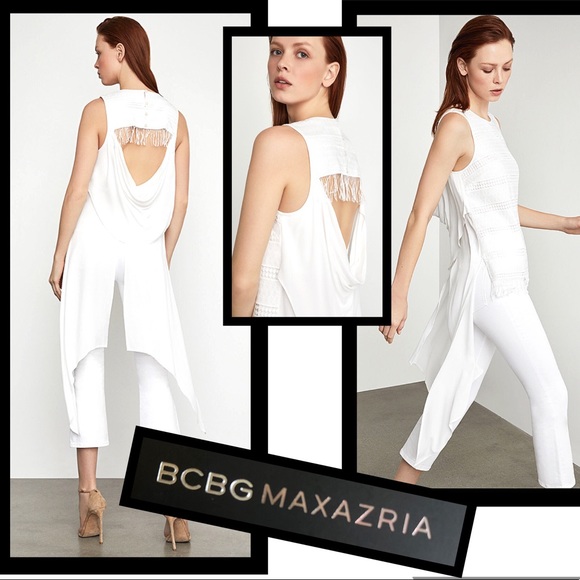 BCBGMaxAzria Tops - BCBGMAXAZRIA White Top Lace Fringe, Draped Back